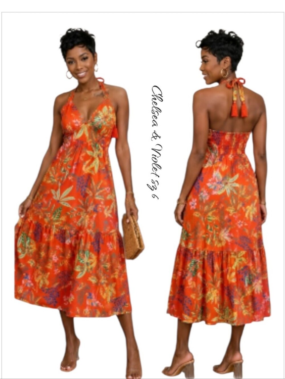 Chelsea & Violet Orange Tropical Floral Halter Maxi Dress Size 6 "Marbella"